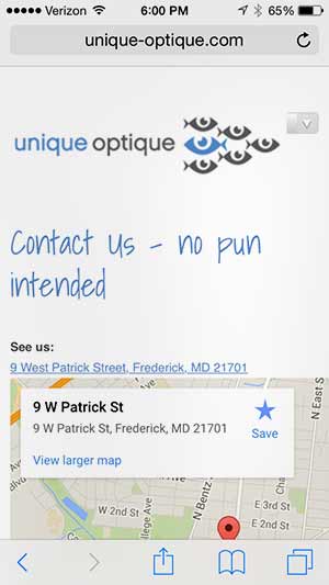 Fun contact page from Unique Optique