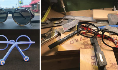Left: Count Eyewear’s custom Cubs-themed frame. Top left: The Driver. Right: A client’s favorite frame, no longer available, is used as a starting point for a new custom frame.