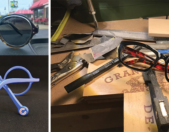 Left: Count Eyewear’s custom Cubs-themed frame. Top left: The Driver. Right: A client’s favorite frame, no longer available, is used as a starting point for a new custom frame.