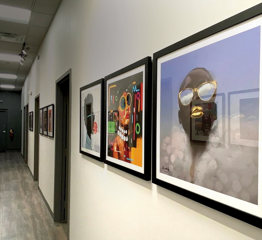 First Class Eye Care’s walls are adorned with artwork showing people from diverse backgrounds sporting memorable frames.