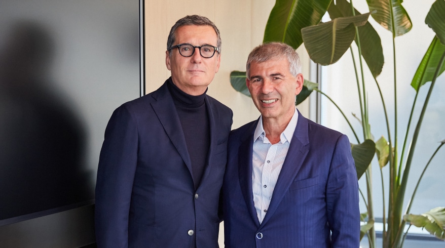 Francesco Milleri (l), Chairman and CEO at EssilorLuxottica, and Patrick Chalhoub (r), Group President at Chalhoub Group, at EssilorLuxottica's offices in Milan, Italy. PHOTO CREDITS: EssilorLuxottica