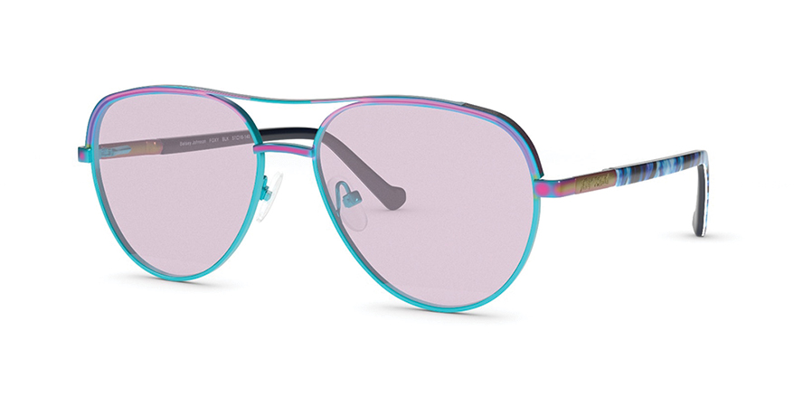 Betsey Johnson’s Foxy metal sunglasses are crafted with the brand’s signature flair and with an audacious blend of avant-garde style and detailed temples. Shown here in color Oil, an iridescent multicolor with gold details, patterned temples, and grey lenses with silver mirror. 